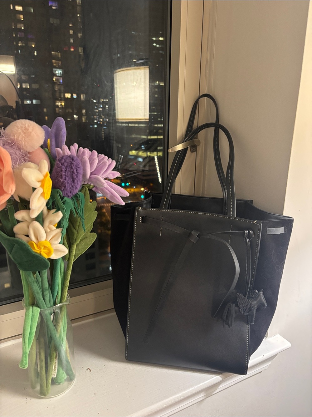 Vince Black Leather Tote with Contrast Stitching and suede sides extension